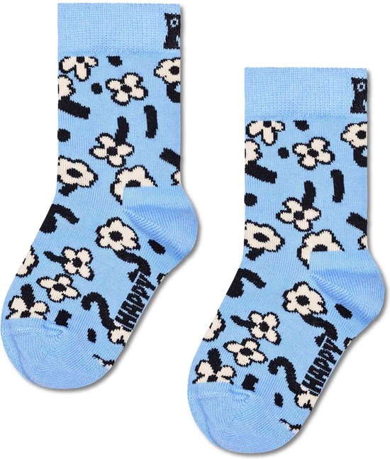 Twee blauwe Happy Socks voor kinderen met witte bloemen en zwarte strepen.