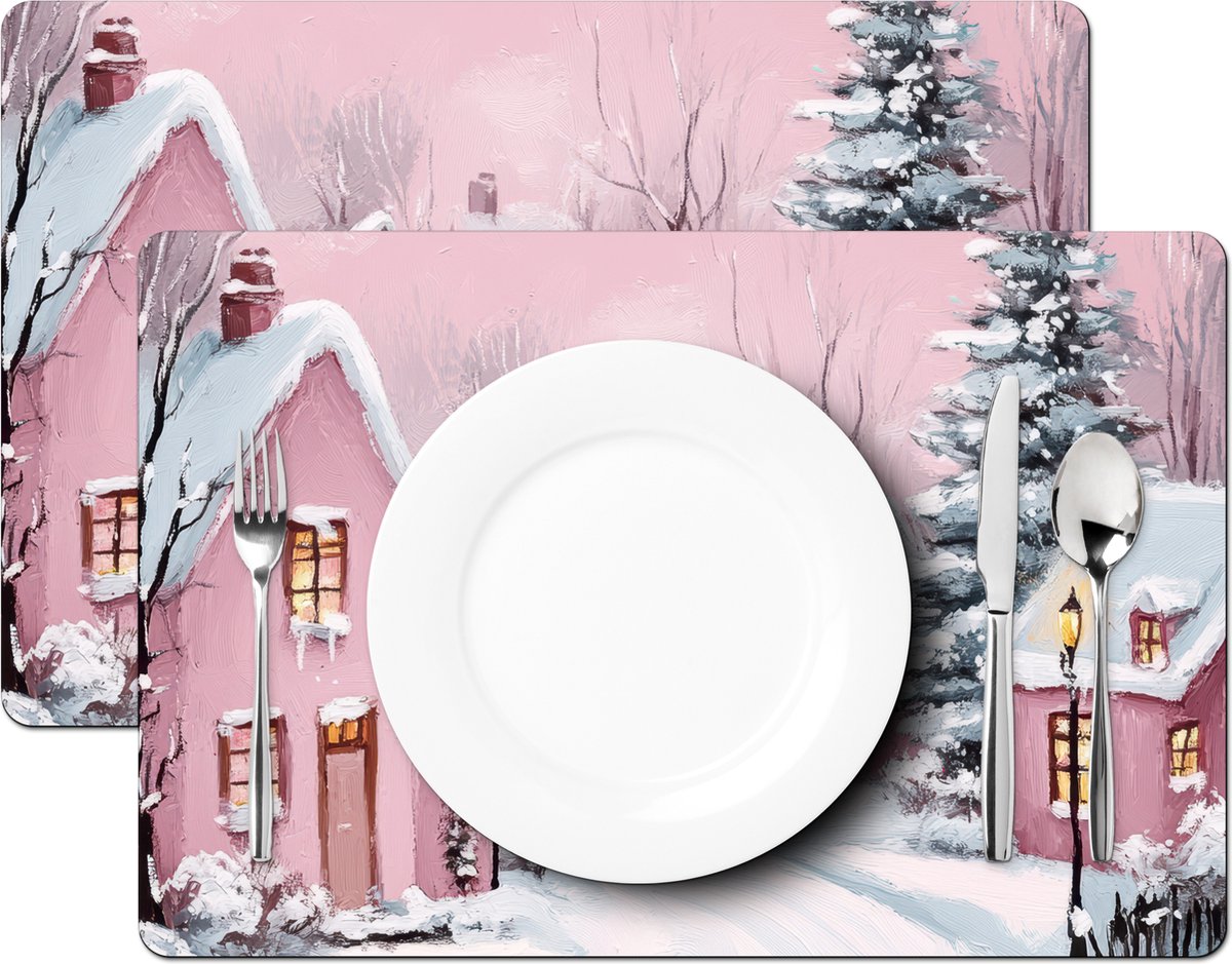 Placemats - 6 stuks - 45x30 cm - Placemat kunststof - Kerstdorp - Roze - Winter - Sneeuw - Huizen - Borden onderleggers - Decoratie voor op tafel - Keuken tafeldecoratie accessoires - Vinyl onderlegger - Tafelversiering – foto 2