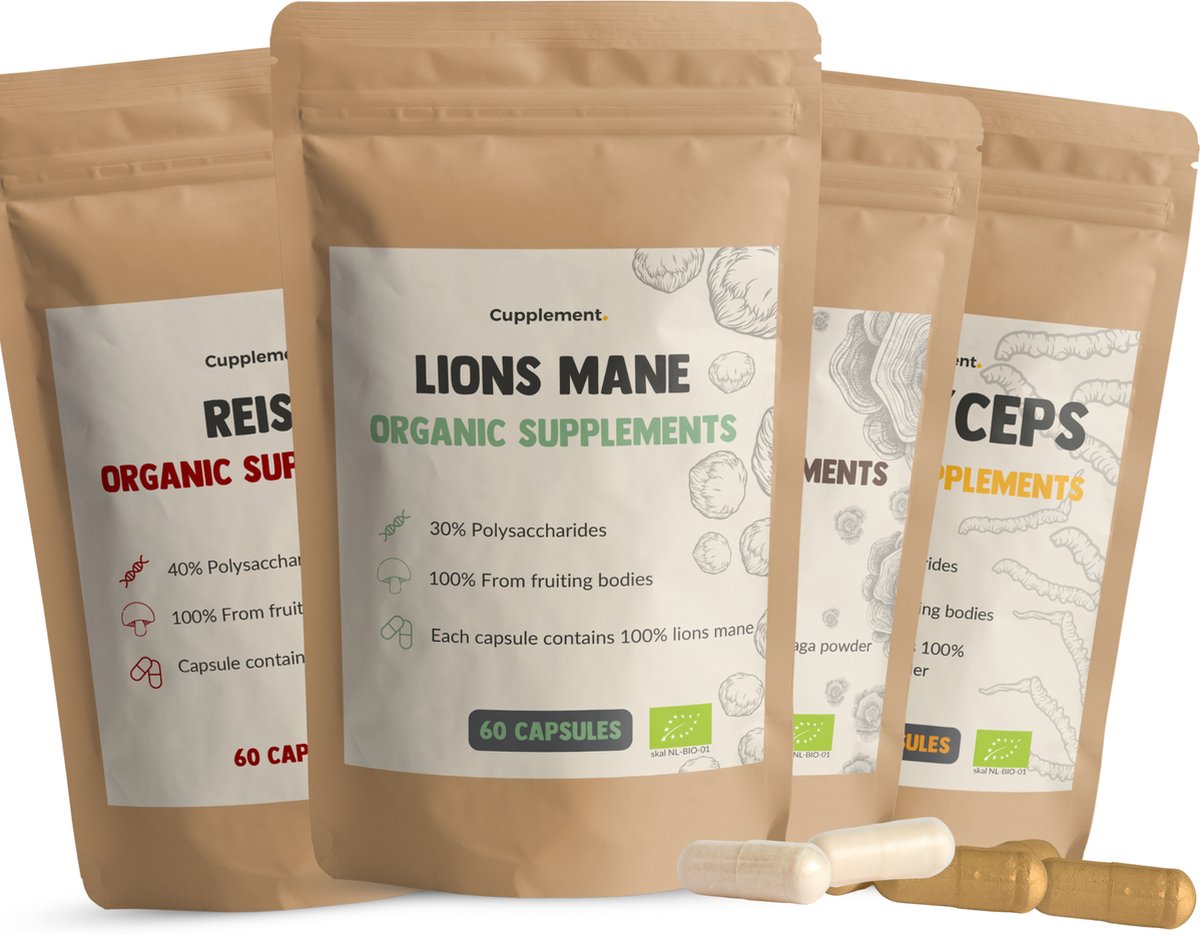 Goedkoopste Cupplement Paddenstoelen Capsule Mix 5 Delige Set Met 60 Reishi, 60 Chaga, 60 Lions Mane & 60 Cordyceps Capsules Biologisch - Inclusief Pillendoosje - Biologisch - Geen Poeder Extract - Elfenbankje - Superfood - Supplement - Pruikzwam - Mushroom