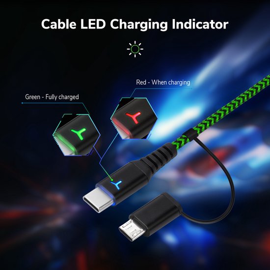 Zwarte USB-C kabel met groene zigzagpatroon. LED-indicator toont groen voor volledig opgeladen, rood voor opladen.