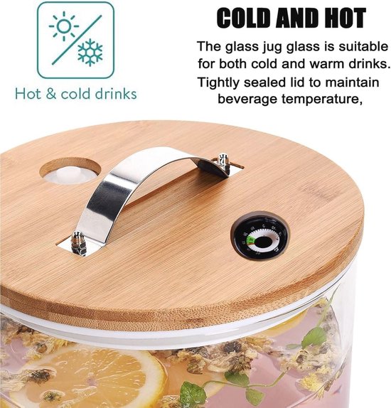 Close-up van het houten deksel van een glazen dispenser, met handvat en thermometer. Geeft aan voor warme en koude dranken.