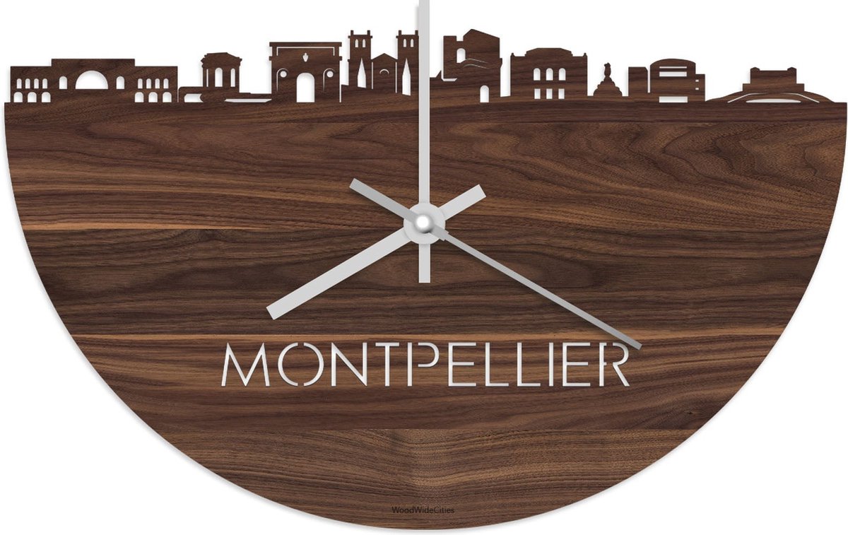 Skyline Klok Montpellier Notenhout - Ø 40 cm - Stil uurwerk - Wanddecoratie - Meer steden beschikbaar - Woonkamer idee - Woondecoratie - City Art - Steden kunst - Cadeau voor hem - Cadeau voor haar - Jubileum - Trouwerij - Housewarming -