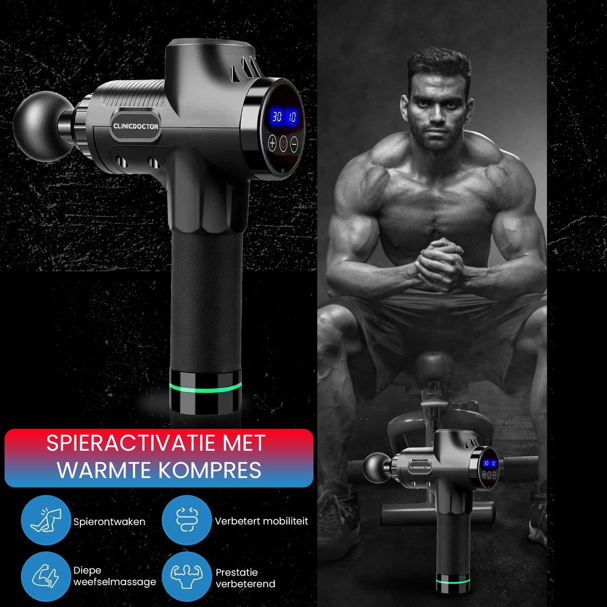 Afbeelding 2 van ClinicDoctor® Massage Gun – 60 Snelheden – Stil & Krachtig – Ontspanning & Spierherstel – 6 Opzetstukken – Draadloos – Carbon Design