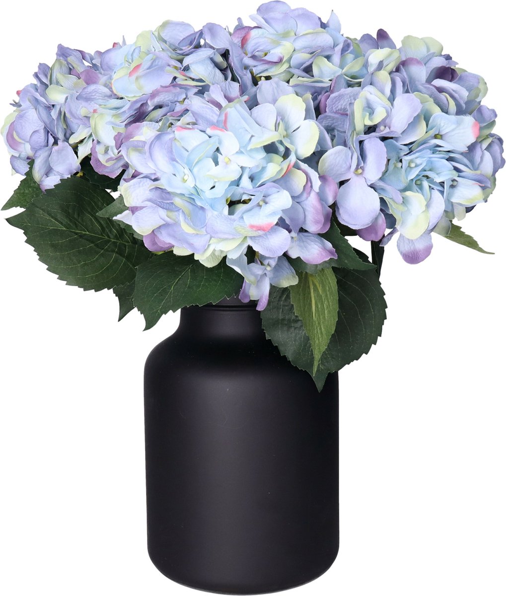 Bellatio Design Kunstbloemen boeket Hortensia tak - 8x - blauw - 48 cm - Kunst zijdebloemen - hydrangea
