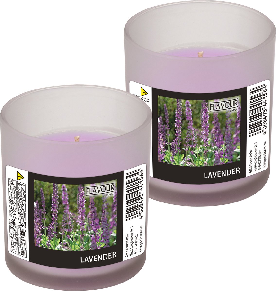 Conpax Candles geurkaars - 2x - lavendel geur - paars - 8 branduren - in glas - aroma kaars Lavender paars
