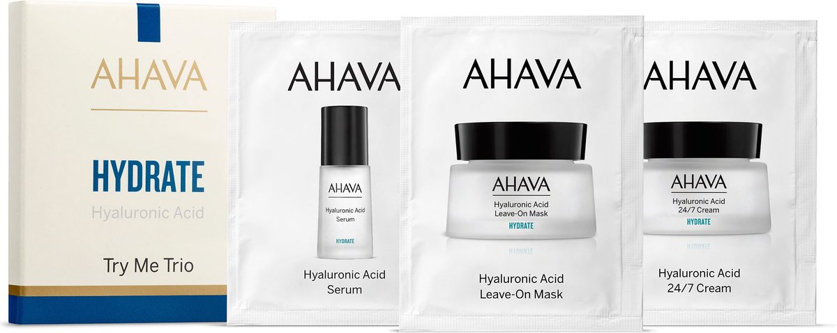 Goedkoopste AHAVA - Try Me Trio - Hydrate Sachet Kit - bevat 1 Sachet HA Serum 3ml 1 Sachet HA Leave-on mask 3ml 1 Sachet HA 24/7 Cream 3ml