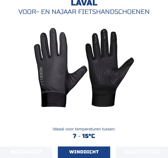 Zwarte Rogelli fietshandschoen, voor- en najaarsmodel, met honingraatprofiel en gestippeld patroon.