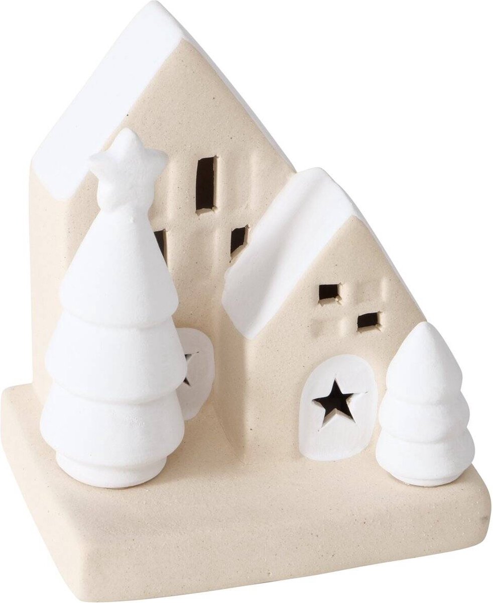 Decoratie huisje van aardewerk met LED-verlichting, 10,5 cm