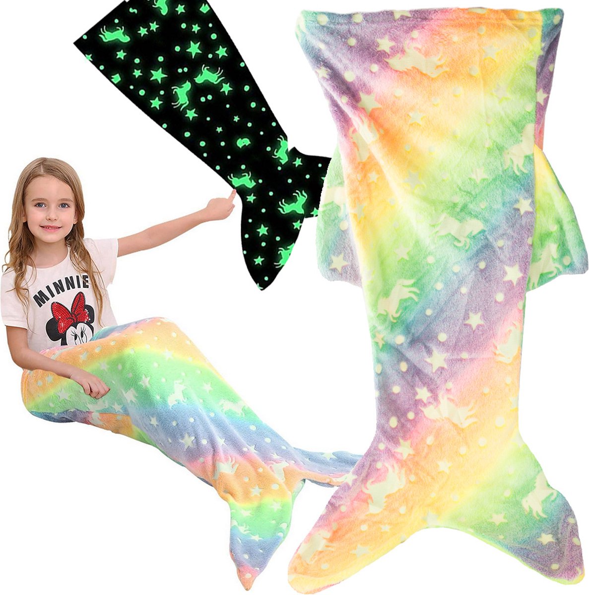 Kinder Zeemeermin Deken - Unicorn - Fleece Deken - Glow in the Dark - Zeemeerminnenstaart - 105 x 42-45 cm