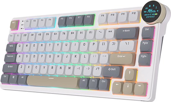 Royal Kludge RK N80 - Mechanisch Gaming Toetsenbord - RGB - Met Display - Foam Touch - Bluetooth - Hot Swappable Switch - Pearly Dawn - Brown Switches - Inclusief Stofkap
