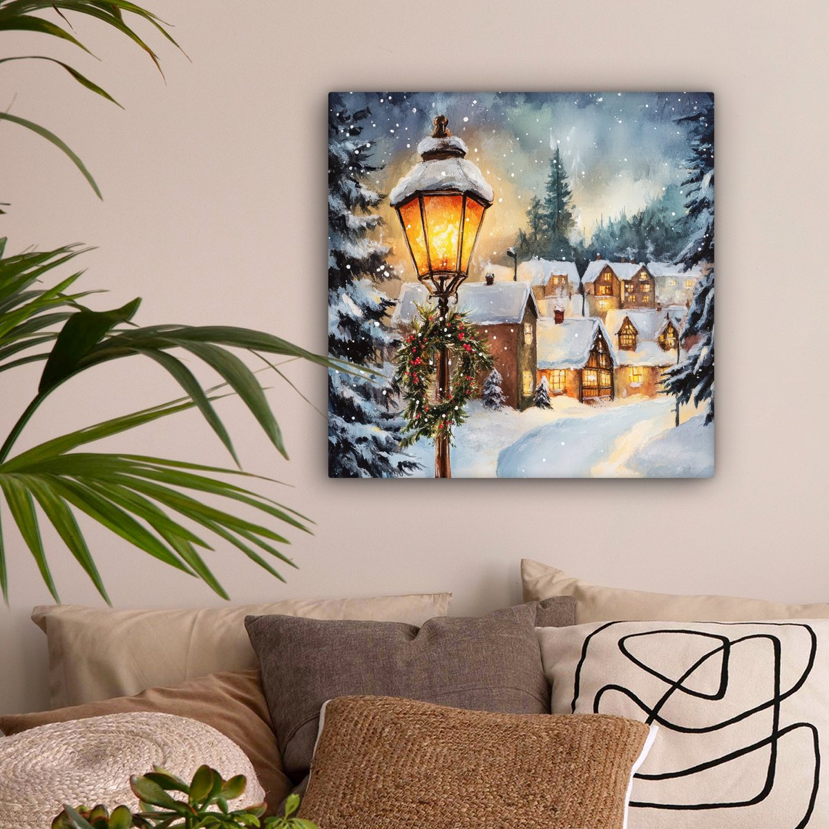 Canvas schilderij 50x50 cm - Wanddecoratie Kerstdorp - Huizen - Sneeuw - Kerst - Muurdecoratie woonkamer - Slaapkamer decoratie - Kamer accessoires - Schilderijen op canvas - Kerstdecoratie voor binnen - Kerstversiering - Kerstmis versiering – foto 4