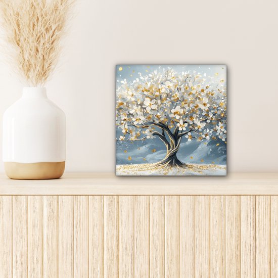 Peinture sur toile 20x20 cm - Décoration murale Arbre - Hiver - Arbre de vie - Moderne - Or - Décoration murale murale salon - Décoration chambre - Accessoires de chambre - Peintures