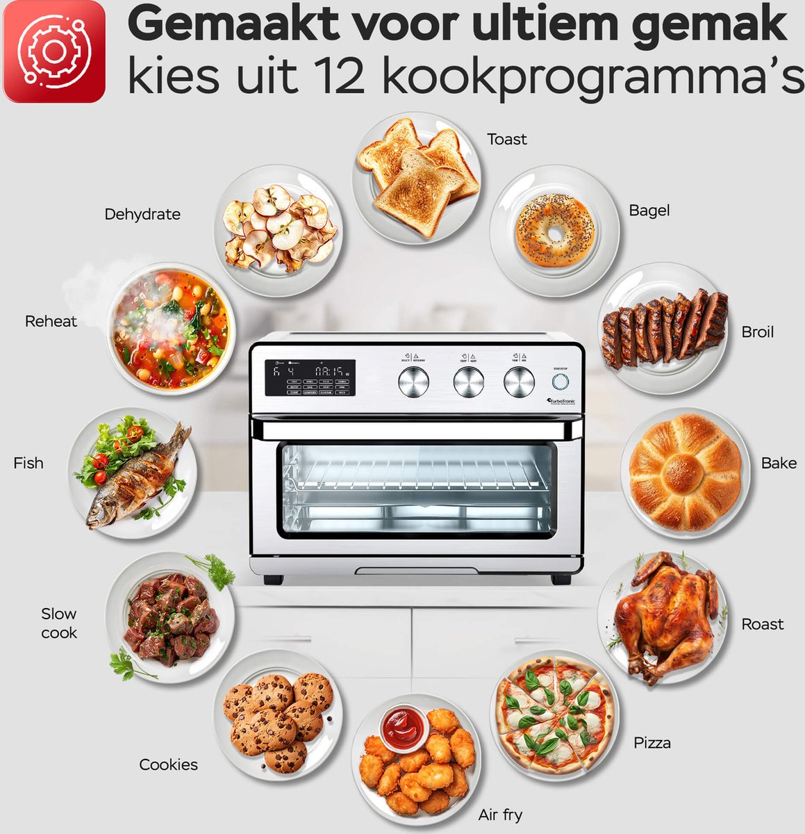 TurboTronic AF32DRD Airfryer XXL en Mini Oven – 32 Liter – Vrijstaande Oven – 12 Kookprogramma’s – 25° tot 230°C – Zilver – foto 5