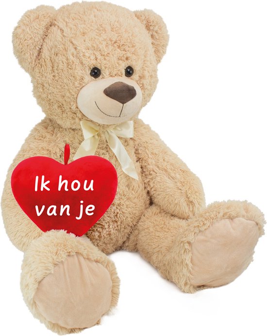 BRUBAKER XXL Teddybeer - Beige Knuffel Beer 100cm Met hart "Ik hou van je" - Cadeau - Valentijn
