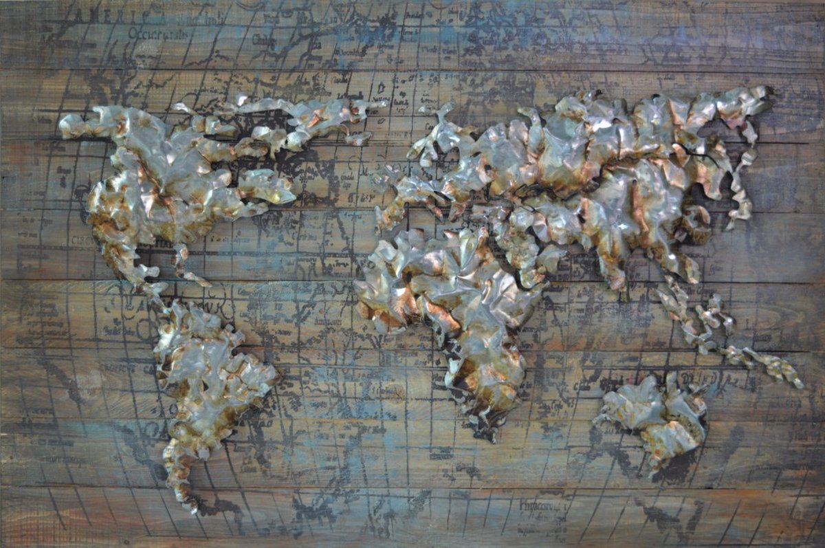Metalenschilderij landkaart wereldkaard metaal - 120x80 cm - metaal kleur buin