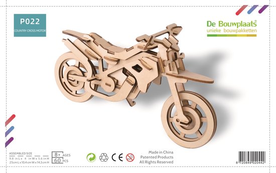 De Bouwplaats Crossmotor bouwpakket - Houten modelbouw - 60 onderdelen