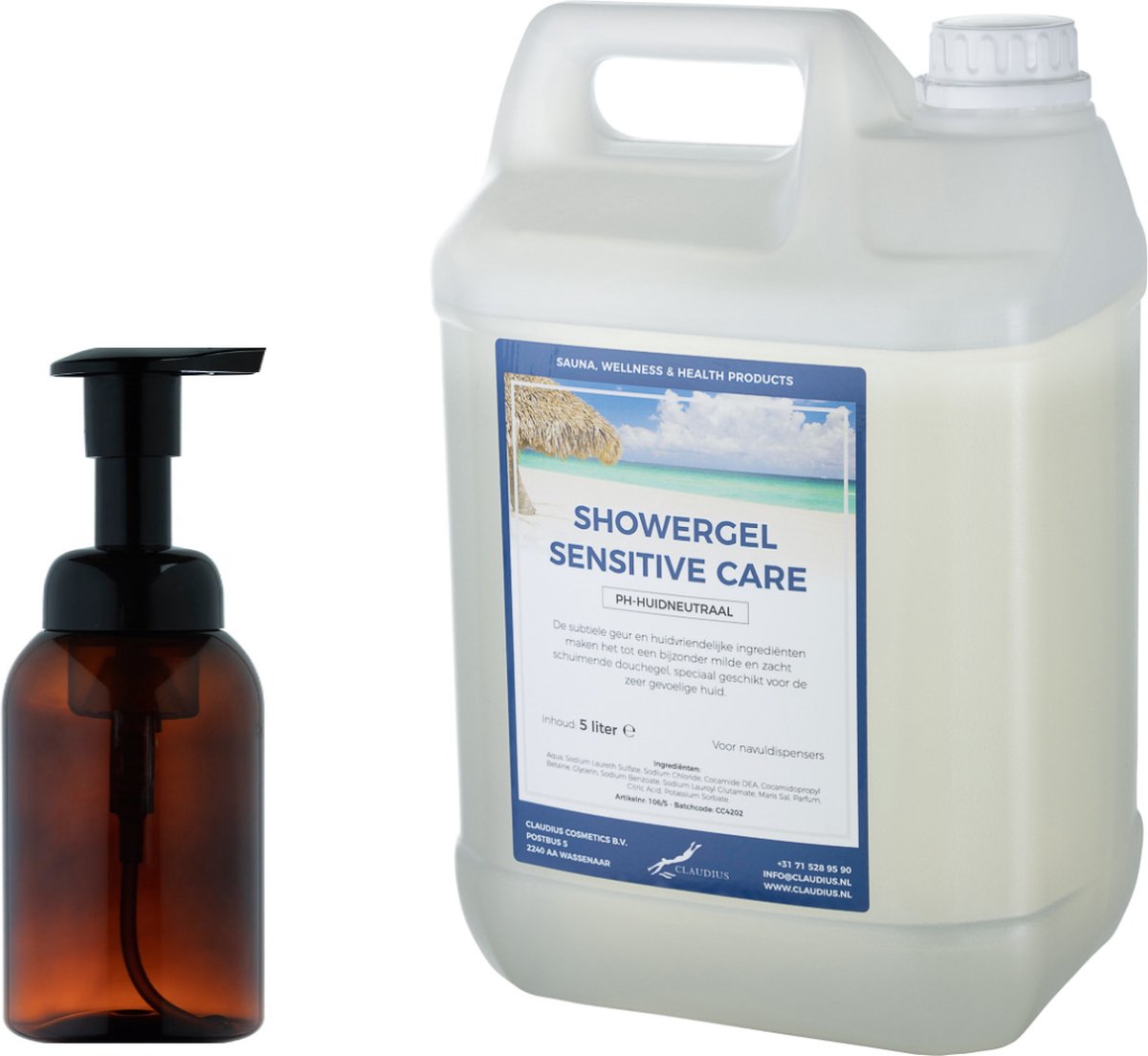 Goedkoopste Zeepdispenser 300 ml amber bruin hervulbaar 5 liter Showergel Sensitive Care navulling