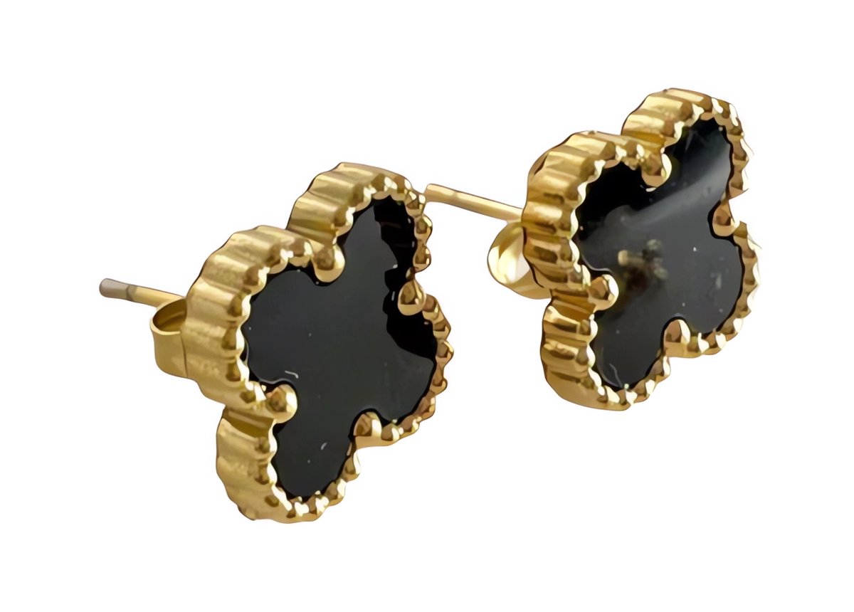 Aurélia Klaver Oorbellen - Goudkleurig Zwart Goud - minimalistisch earrings -bloemetje -2 stuks klavertje vier - roestvrijstaal
