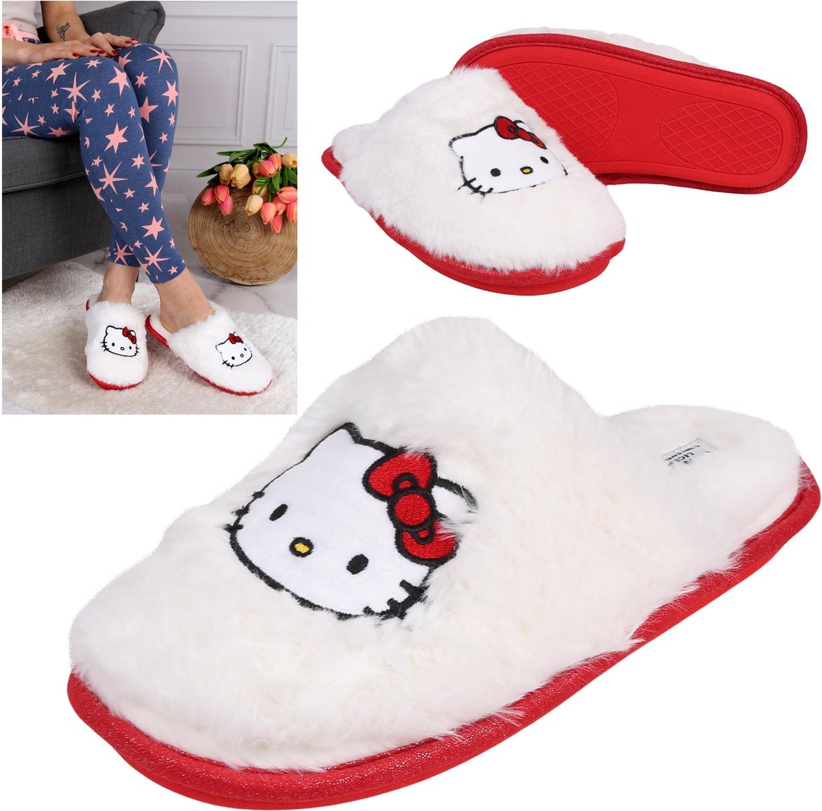 PRODUKT Hello Kitty pantoffels thuisslippers wit bont in decoratief etui