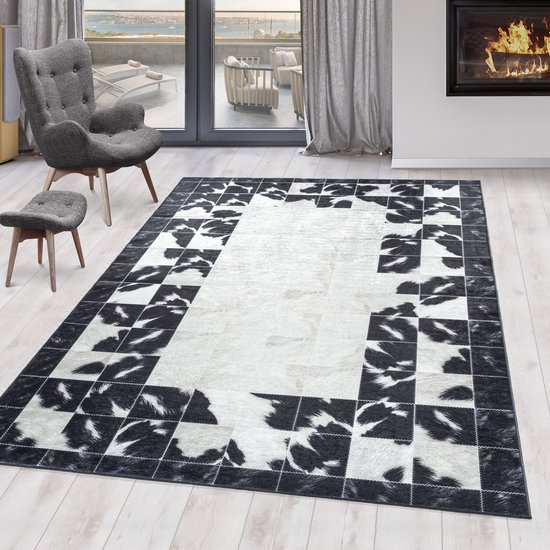 Fiesta Wasbaar Vloerkleed - Laagpolig - Zwart Wit - Woonkamer Tapijt - Canvas Rug- 80x150 CM