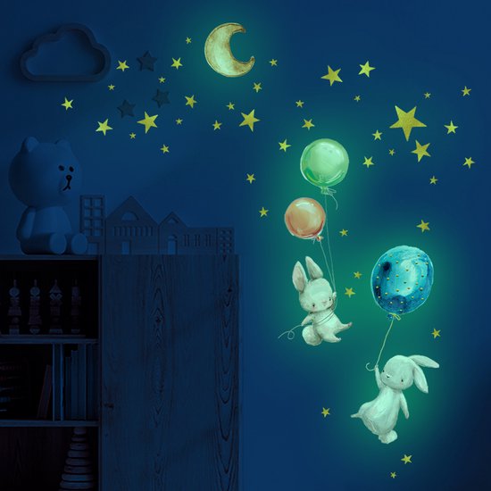 Muurstickers - Glow in the Dark Sterren en konijn - PVC - 38*28cm - kleurrijk - Kinderkamer - Muur decoratie