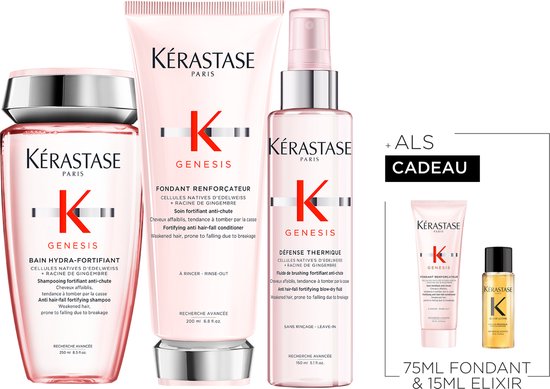 Kérastase Genesis Trio + 2 Cadeaux - Shampooing 250ml, Après-shampooing 200ml & Spray Thermo-Protecteur 150ml + En Cadeau Après-shampooing 75ml & Elixir Ultime Huile 15ml Offerts – Anti-chute