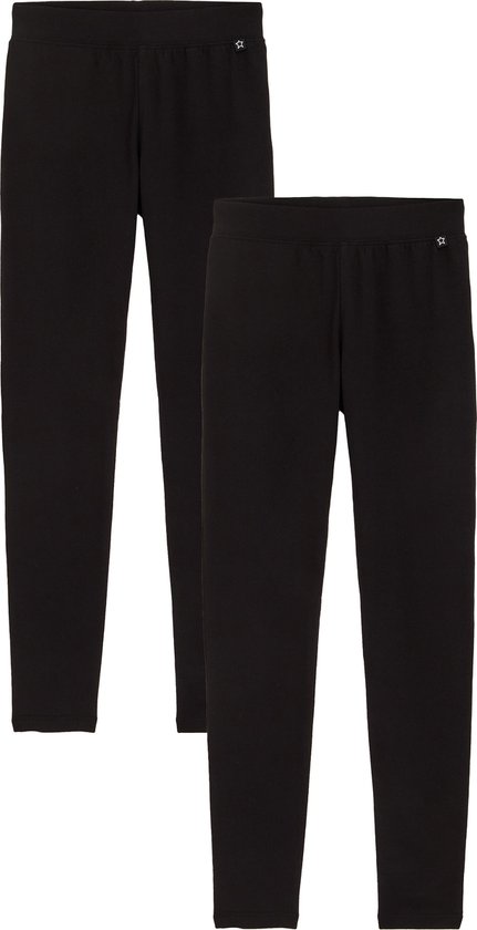 Twee zwarte leggings met een kleine witte applicatie (schaar) op de tailleband.