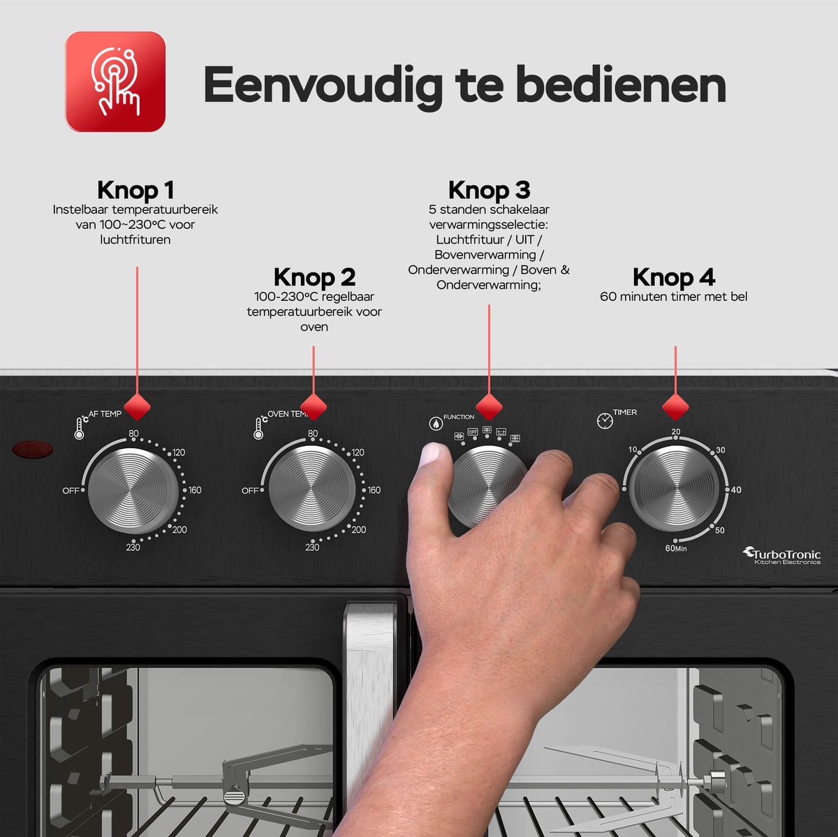 TurboTronic AF32MFD Airfryer XXL 32L Heteluchtfriteuse en Oven 2-in-1 met Draaispit en Dubbele Deur Zwart - Afbeelding 4