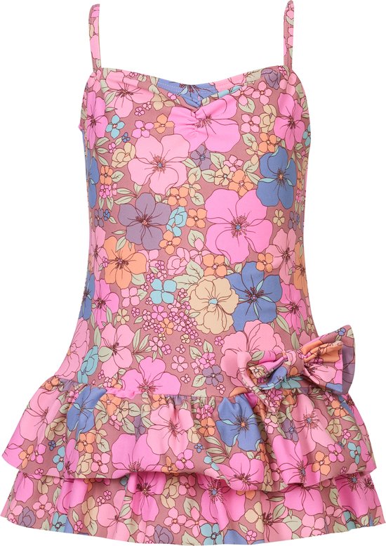 Roze badpak met bloemenprint, strik en ruches.