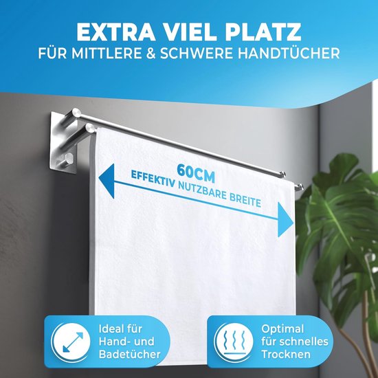 Handdoekhouder zonder boren - Roestvrij Staal 60 cm - Dubbele Handdoekstang en 2 Haken - Ideaal voor Badkamer, Douchewand en Keuken van Topmail — afbeelding 3