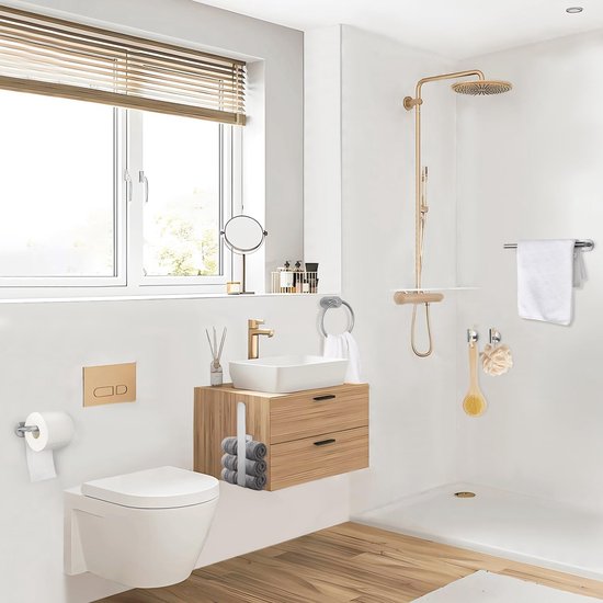 Handdoekenrek Set 6 Delig - Badkameraccessoires Zonder Boren, Wandmontage, Roestvrij Staal - Inclusief Handdoekrails, Handdoekring en Toiletpapierhouder — afbeelding 2
