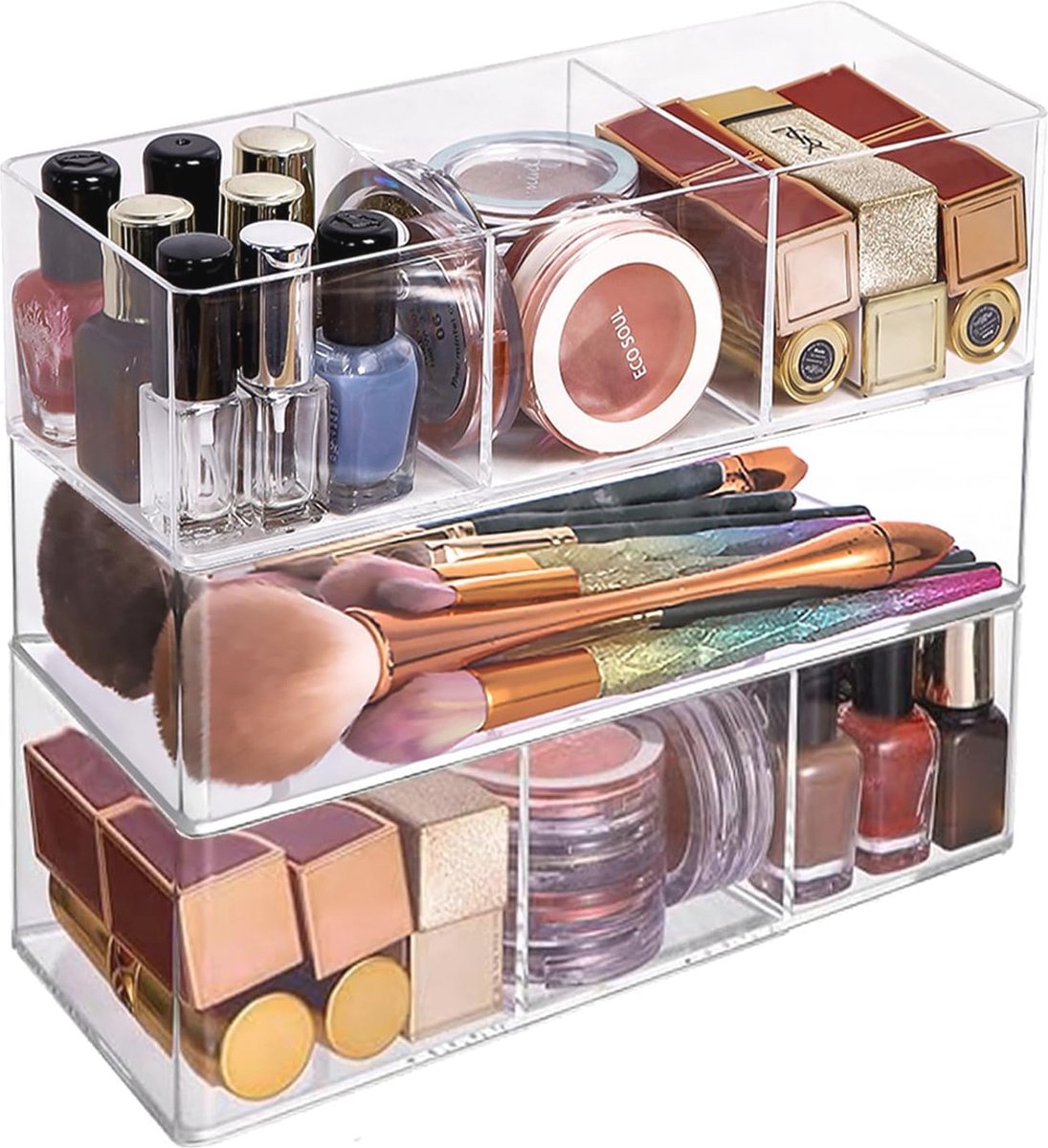 Goedkoopste 3-delige transparante acryl make-up organizer voor cosmetica - perfect voor oogschaduw, poeder, rouge en foundation
