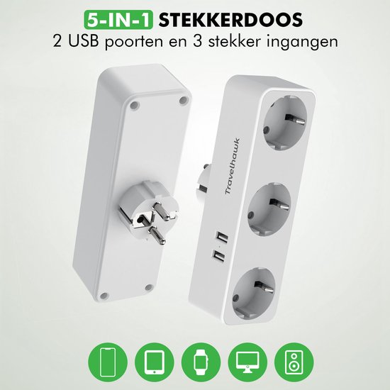 Prise d'alimentation 3 voies Travelhawk - Répartiteur de prise - 2 Portes USB - Wit