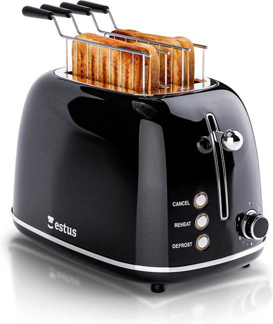 Estus Iconic Broodrooster met Tostiklemmen - Tosti Apparaat - Retro Toaster - Extra Brede Sleuven - Alle Broodsoorten - Premium - Zwart