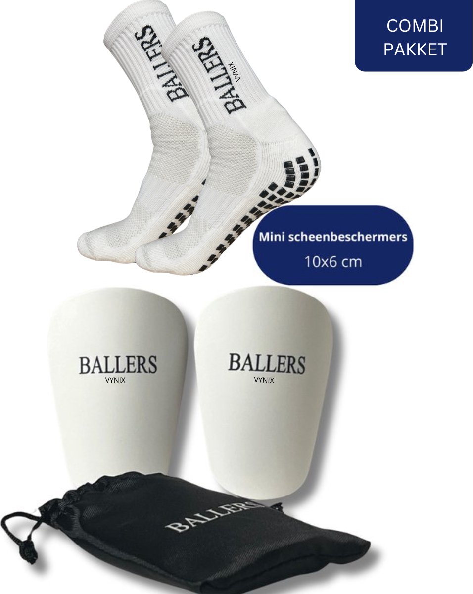 Vynix Ballers - Mini Scheenbeschermers - Mini Scheenbeschermers Voetbal - Gripsokken - 10x6cm - Scheenbeschermers - Met opbergzakje - Mini Shinpads - Scheenbeschermers - Wit - Sport Sokken