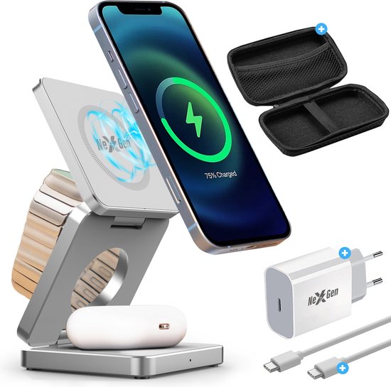 NexGen 3 in 1 Draadloze Oplader Bundel - 15W Iphone Oplader - MagSafe - Opvouwbaar Oplaadstation - Iphone 16/15/14/13/12 - Snellader Iphone - Wireless Charger - Apple Watch - Airpods - Zilver