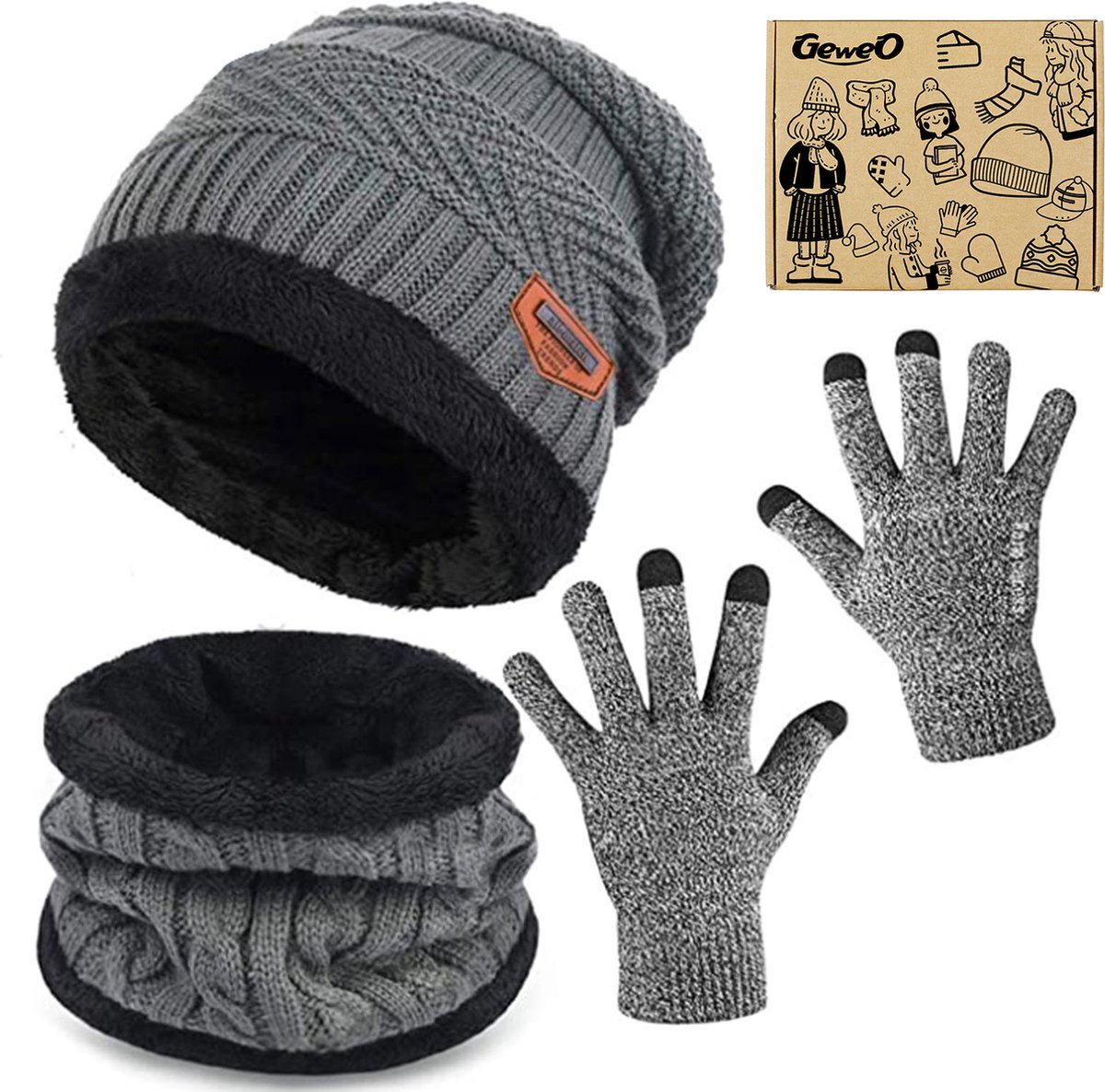 Geweo Hoed Colsjaal Handschoenen Set - Mutsen - Sjaal - Handschoenen - Gebreide Baggy Warme Skimutsen - Wintermuts Gevoerd Wol - Unisex - Kerst Geschenk -Grijs - Kerstmis - Kerstfeest - Christmas Gift