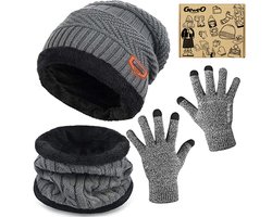 Geweo Hoed Colsjaal Handschoenen Set - Mutsen - Sjaal - Handschoenen - Gebreide Baggy Warme Skimutsen - Wintermuts Gevoerd Wol - Unisex - Kerst Geschenk -Grijs - Kerstmis - Kerstfeest - Christmas Gift