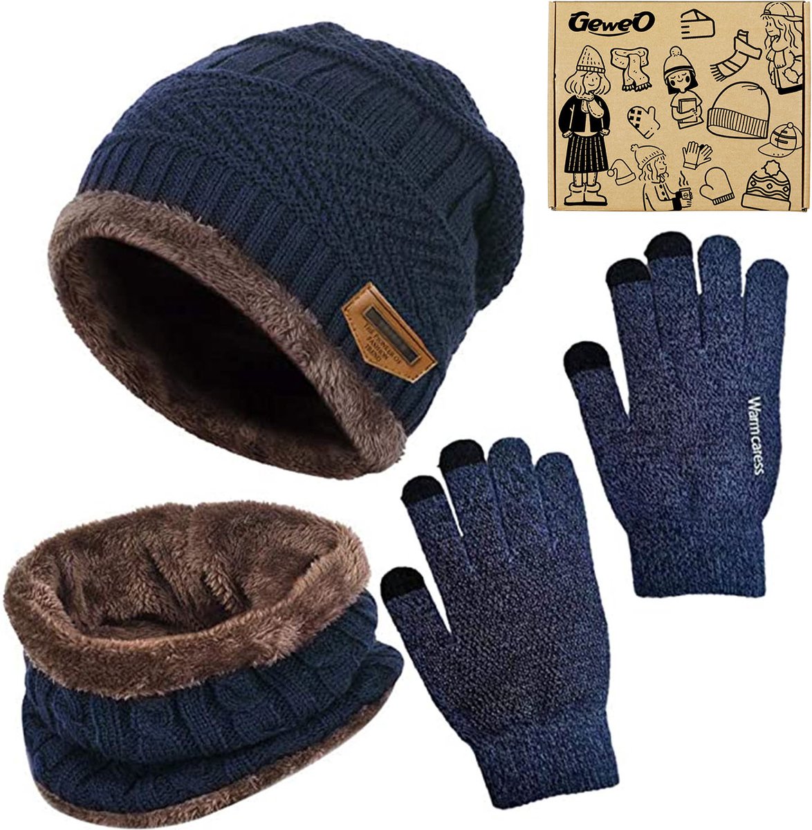 Geweo Hoed Colsjaal Handschoenen Set - Mutsen - Sjaal - Handschoenen - Gebreide Baggy Warme Skimutsen - Wintermuts Gevoerd Wol - Unisex - Kerst Geschenk -Blauw - Kerstmis - Kerstfeest - Christmas Gift