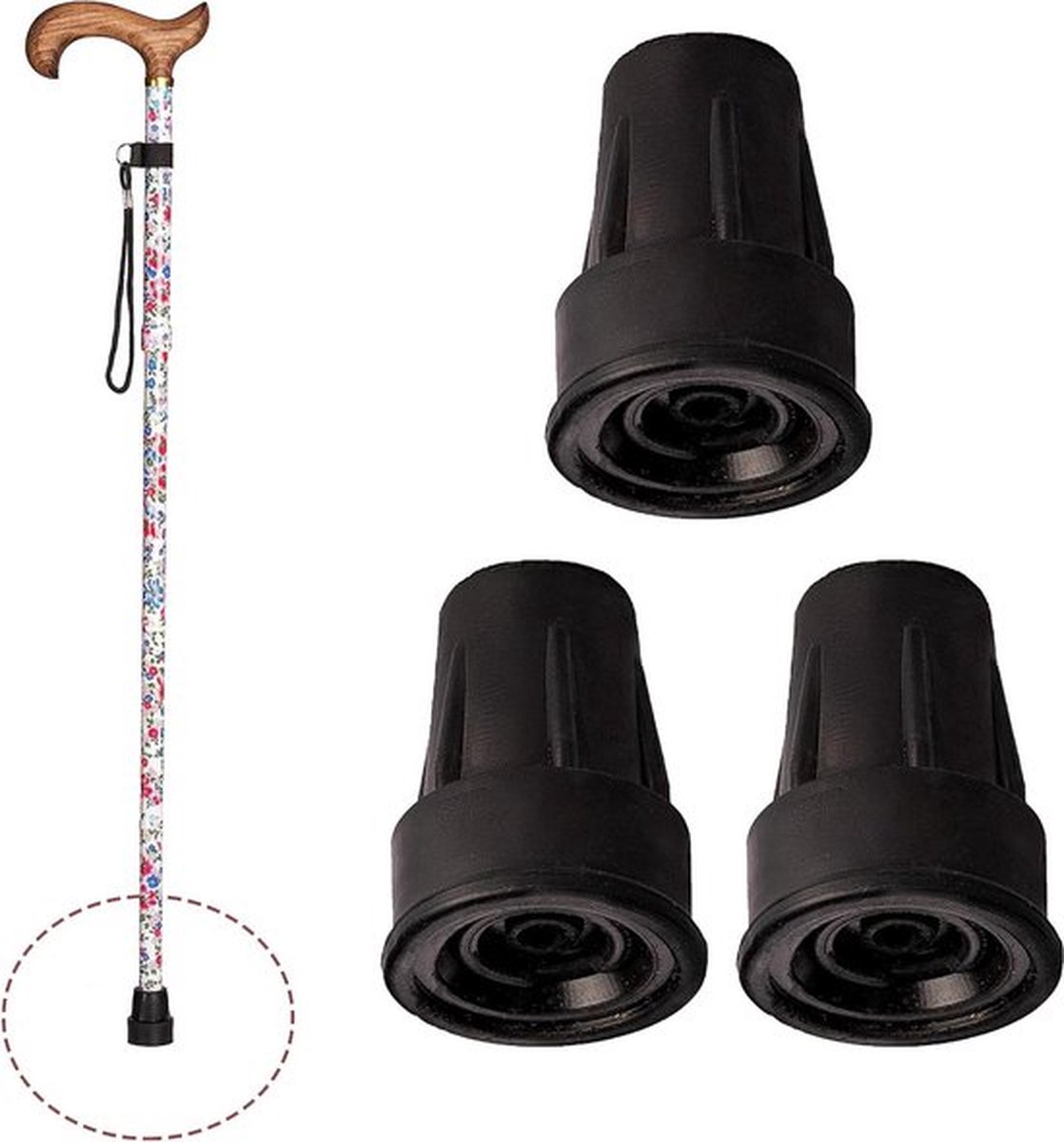 Wandelstok zwarte eindkappen - 3 stuks krukpluggen 17 mm 18 mm 19 mm - antislip rubberen doppen - versterkte stangkappen met metalen ring - rubberen pluggen voor krukken en wandelstokken