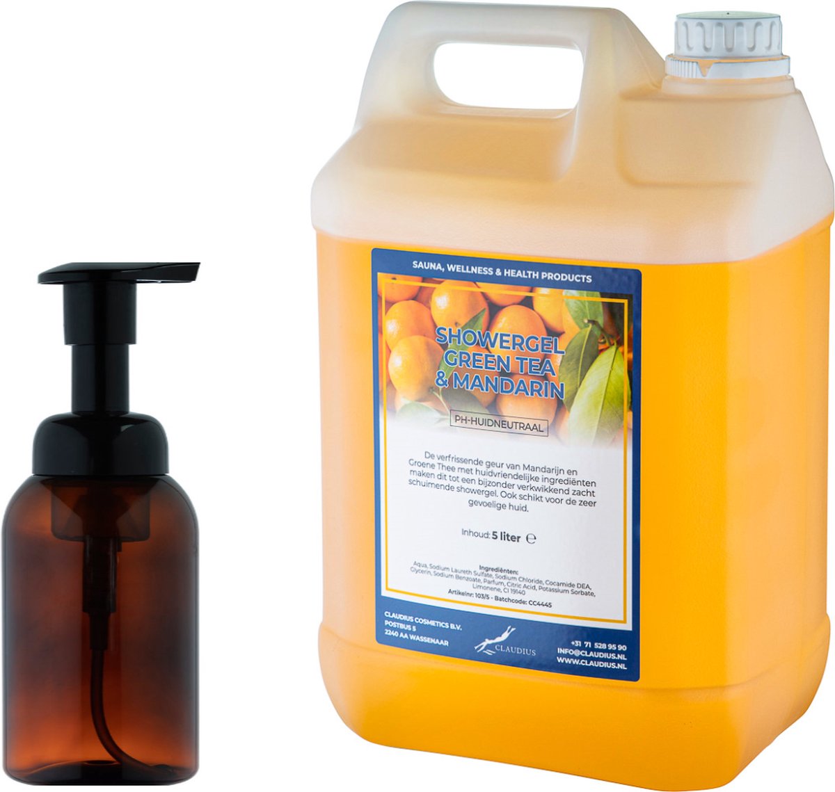 Goedkoopste Zeepdispenser 300 ml amber bruin hervulbaar 5 liter Showergel Green Tea & Mandarin navulling