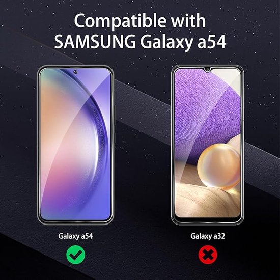 Screenprotector compatibel met Samsung Galaxy A54, met een telefoon met kleurverloop. Niet compatibel met Galaxy A32.