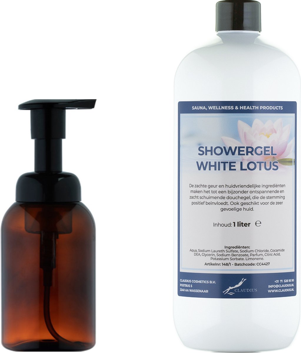 Goedkoopste Zeepdispenser 300 ml amber bruin hervulbaar 1 liter Showergel White Lotus navulling