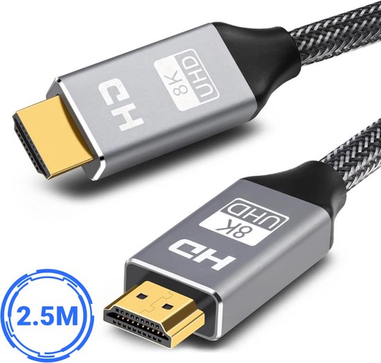 Zilverkleurige HDMI-kabel met zwarte accenten en gevlochten draad. "8K UHD" en "2.5M" logo's zichtbaar.