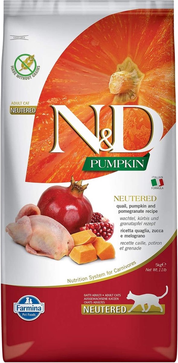 N&D N&D gesteriliseerd kattenvoer kwartel en pompoen 5 kg|N&D Sterilized Cat Food Quail and Pumpkin 5 kg|N&D nourriture stérilisée pour chats cailles et citrouille 5 kg