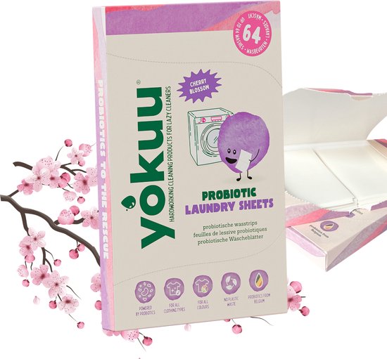 YOKUU Probiotische Wasstrips - 128 Wasbeurten - Kersenbloesem Geur - Ecologisch Wasmiddel - Reis Wasmiddel - Ultra Geconcentreerd en Voorgedoseerd - Ecologisch Wasproduct