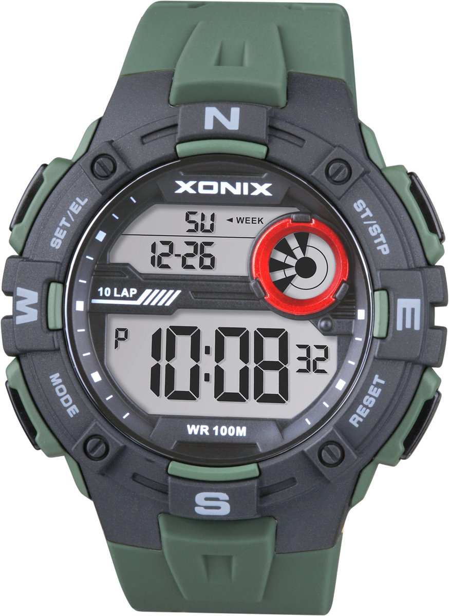 Xonix DAG-A02 - Horloge - Polshorloge - Digitaal - Heren - Mannen - Rond - Siliconen band - ABS-Kunststof - Achtergrondverlichting - Alarm - Start-Stop - Tweede tijdzone - Datumaanduiding - Waterdicht - DonkerGroen - Zwart