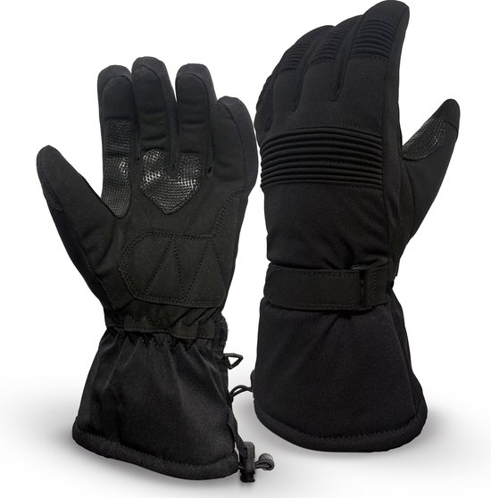 Zwarte motorhandschoenen met verstelbare polsband, trekkoord en gestructureerde handpalm.