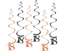 Q2Party - 18 Jaar Swirl - Slinger - Leeftijd - Versiering - Verjaardag - decoratie - Feest - Hangdecoratie - Rose Goud/Zwart – 6 stuks