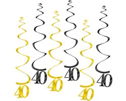 Q2Party - 40 Jaar Swirl - Slinger - Leeftijd - Versiering - Verjaardag - decoratie - Feest - Hangdecoratie - Goud/Zwart – 6 stuks